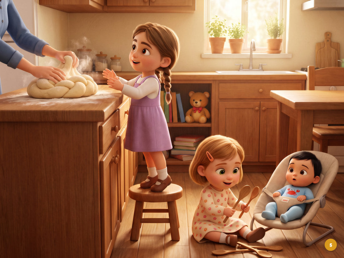 Odelia aide maman dans la cuisine, avec Sarah et Meïr