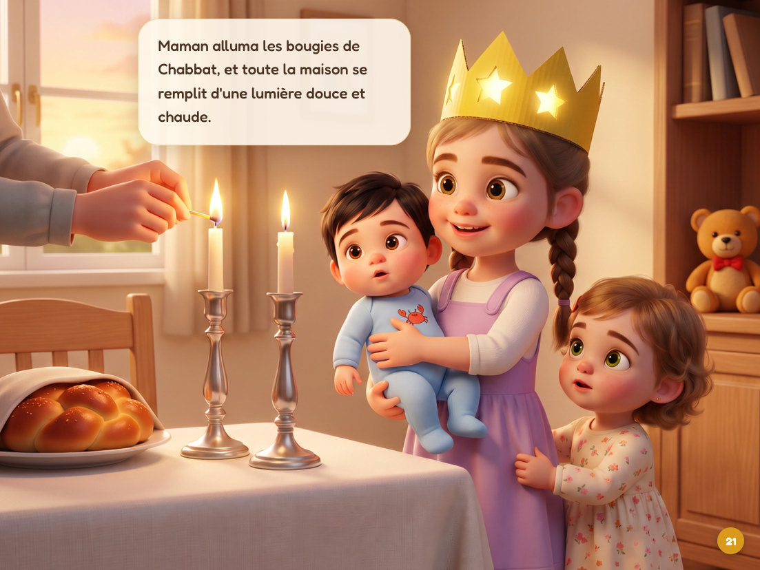 Maman allume les bougies de Shabbat, Odelia tient Meïr