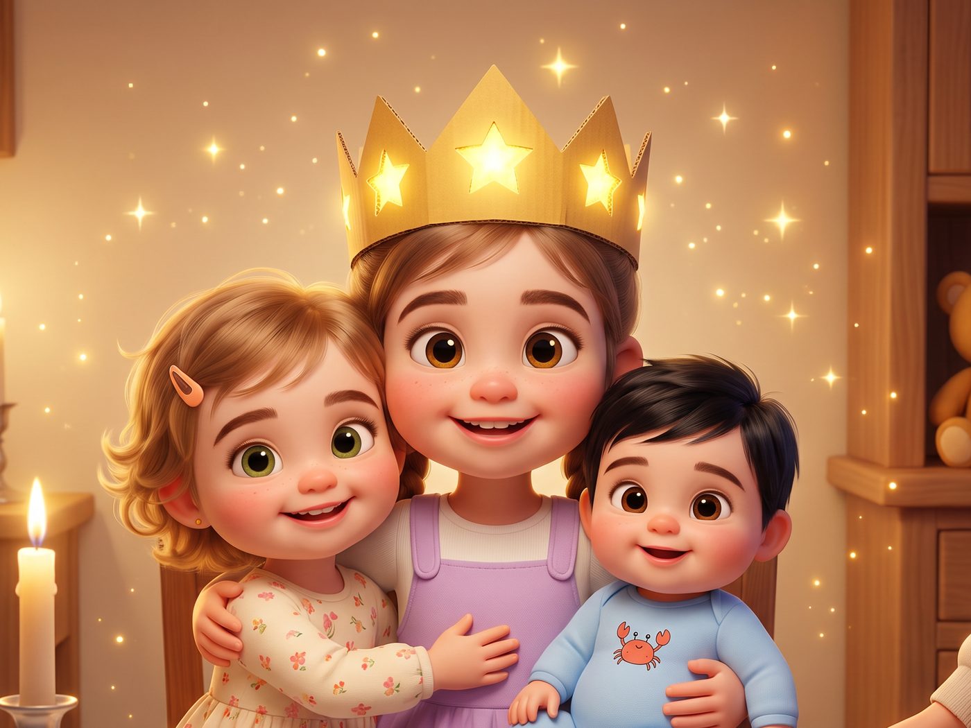ילדה בכתר נייר עם שלושה כוכבים דולקים, מחבקת את אחותה ואת אחיה התינוק