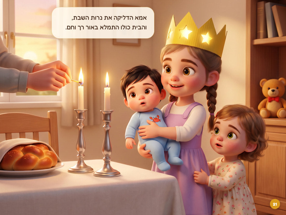 אמא מדליקה נרות שבת, ואודליה מחזיקה את מאיר
